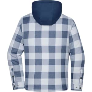 A check shirt jacket with a navy hood, featuring a blue and white plaid pattern on the back.