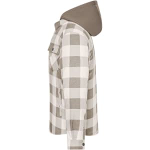 A check shirt jacket in beige and white, featuring a khaki hood, presented side view. It includes a logo.