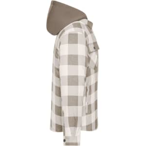 A check shirt jacket in beige and cream, featuring a detachable grey hood and one pocket on the left side.