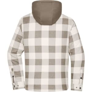 A check shirt jacket featuring a brown and white plaid pattern, with a hood, and buttoned cuffs.