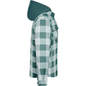 A green and white check shirt jacket with a hood, featuring button details and a single chest pocket.