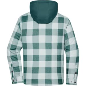 A green and white check shirt jacket with a hood, featuring long sleeves and a logo on the back.