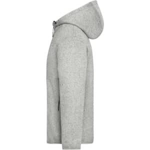 A grey knitted fleece jacket with a hood and zippered pockets, featuring branding.