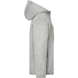 A grey knitted fleece jacket with a hood, featuring zippered pockets and a logo.