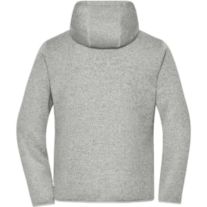 A grey knitted fleece jacket with a hood and long sleeves. Includes a branding logo on the back.
