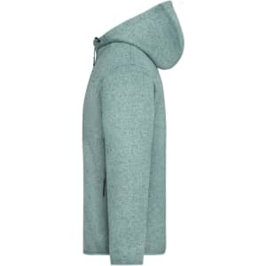 A knitted fleece jacket in a light teal shade, featuring a hood and a side view. It has a logo on it.