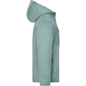 A side view of a green knitted fleece jacket with a hood and zip pockets, featuring a logo.