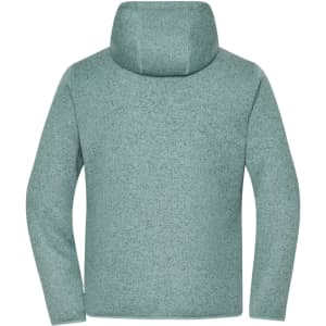 A knitted fleece jacket in a soft green hue, featuring a hood and a plain back design. It has a logo on the fabric.