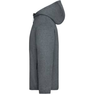 A grey knitted fleece jacket with a hood, featuring a branded logo and a side-view perspective.