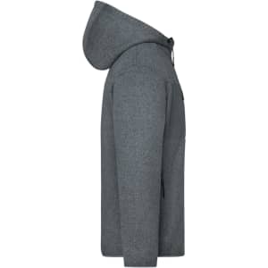 A grey knitted fleece jacket with a hood, featuring a side view and pockets, includes a logo.