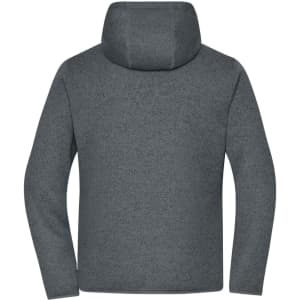 A grey knitted fleece jacket featuring a hood and long sleeves, with a logo on the back.