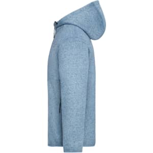 A grey-blue knitted fleece jacket with a hood, featuring a side view and a logo on the sleeve.
