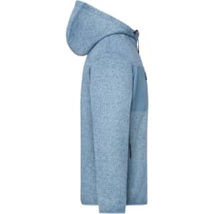 A soft shell jacket in blue with a hood, featuring a logo on the side.