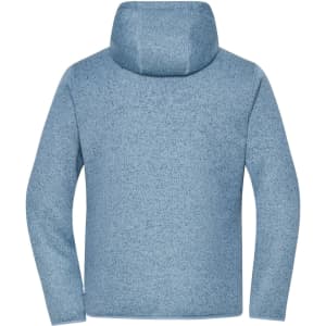 A soft shell jacket in a light blue hue features a hood and a textured fabric design, with a logo on it.