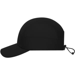 A black 7 panel sports cap with a curved brim and adjustable toggle at the back. It features a logo on the side.