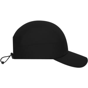 A black 7 panel sports cap with a adjustable strap and a curved brim, featuring a logo on the side.