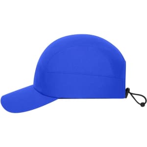 A blue 7 panel sports cap with a curved brim and an adjustable back strap. It features a logo.