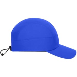 A blue 7-panel sports cap with a structured design and an adjustable drawstring at the back.