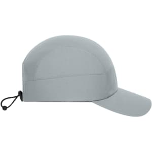 A grey 7 panel sports cap with a curved brim and an adjustable strap at the back. It includes a logo or branding.