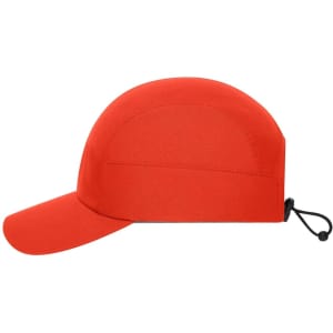 A red 7-panel sports cap with a wide brim and adjustable toggle at the back, featuring a logo.