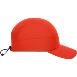 A red 7 panel sports cap featuring a curved brim and an adjustable strap at the back.