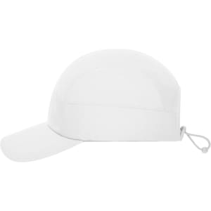A white 7-panel sports cap with a curved brim and adjustable back. It features a logo on the side.