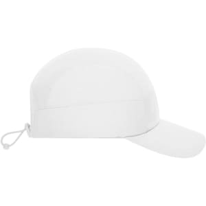 A white 7 panel sports cap featuring a curved brim and an adjustable drawstring at the back. It has a logo on it.