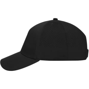 A black 5-panel cap featuring laser-cut details and a logo on the side.