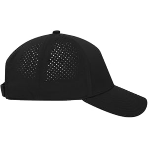 A black 5 Panel Laser-Cut Cap featuring a perforated design and a curved brim. It includes a branded logo.