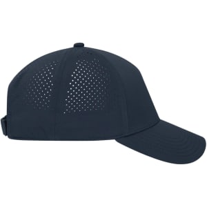 A navy 5 Panel Laser-Cut Cap featuring ventilation holes and a logo on the side. Ideal for headwear.