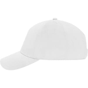 A white 5 panel cap with a curved brim and a laser-cut design. The cap features a branding logo.