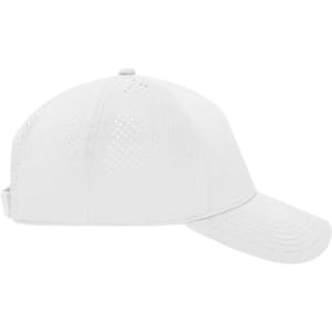 A white 5-panel cap with laser-cut detailing and a curved brim, featuring a logo on the side.