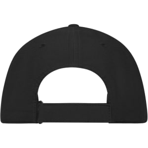 A black 6-panel workwear cap featuring a curved brim and an adjustable strap at the back. Includes a logo.