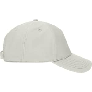 A grey 6 panel workwear cap with a curved brim and a branding logo on the side.