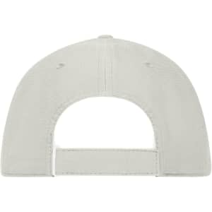 A grey 6 panel workwear cap featuring a strap back closure and a logo on the rear.