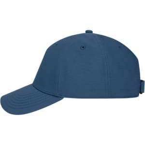 A blue 6-panel workwear cap with a curved brim and an adjustable strap at the back. It features a logo.