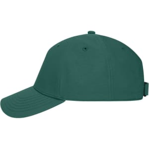 A green 6-panel workwear cap featuring a curved brim and a back adjustable strap, with a logo present.