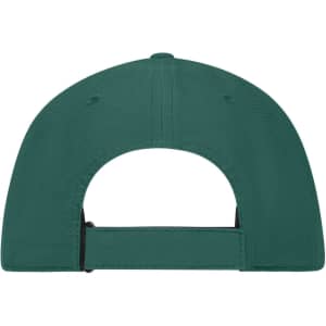 A green 6 panel workwear cap featuring an adjustable strap and a logo on the back.