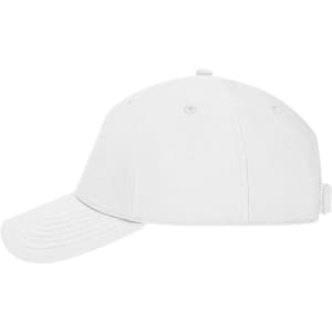 A white 6 panel workwear cap with a curved brim and an adjustable strap at the back, featuring a branding logo.
