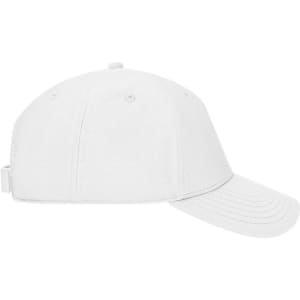 A white 6 panel workwear cap with a curved brim and adjustable strap, featuring a logo.
