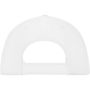A white 6 panel workwear cap featuring an adjustable strap at the back and ventilation holes.