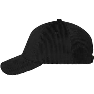 A black corduroy cap with a six-panel design and a curved brim, featuring a logo on the side.