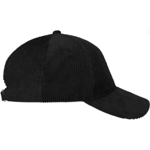 A black 6 panel corduroy cap featuring a structured design and a back closure, with a logo visible.