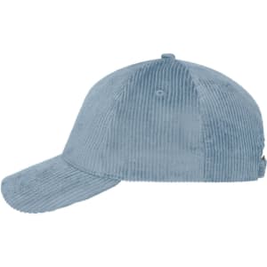 A blue corduroy cap featuring a six-panel design and a branded logo.