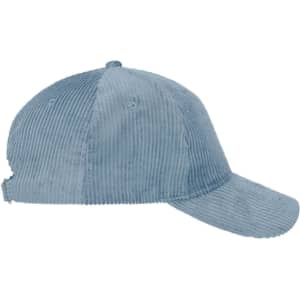 A blue 6 Panel Corduroy Cap with a structured design and a logo on the front.