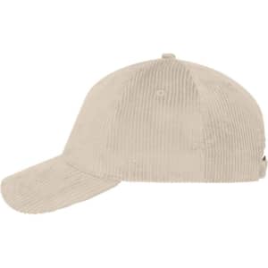 A beige 6 panel corduroy cap featuring a curved brim and a logo on the side.