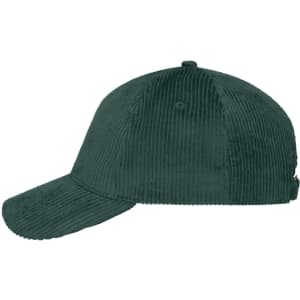A dark green 6-panel corduroy cap with a curved brim and a logo on the side.