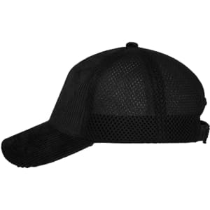 A black 6-panel corduroy-mesh cap featuring a mesh back and an adjustable strap.