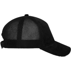A black 6 Panel Corduroy-Mesh Cap featuring a corduroy front and mesh back, with an adjustable strap.