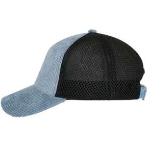 A 6-panel cap featuring a corduroy front in light blue and a black mesh back. The cap has a logo on it.